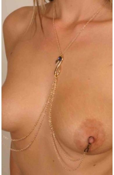 Bastet - Gold Serpent Necklace with Blue Gem and Nipple Chain