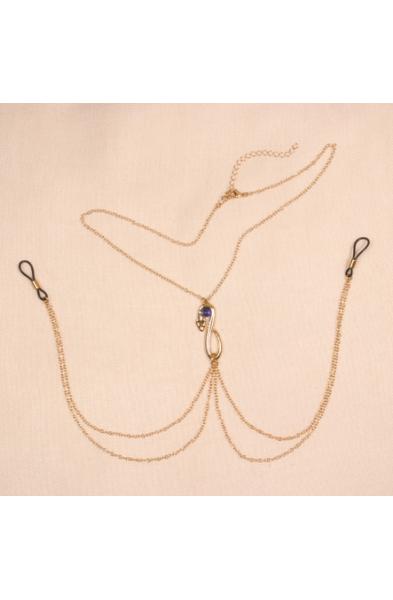 Bastet - Gold Serpent Necklace with Blue Gem and Nipple Chain