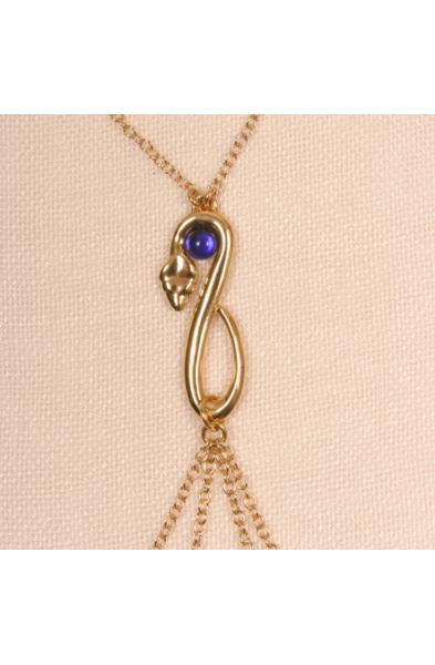 Bastet - Gold Serpent Necklace with Blue Gem and Nipple Chain