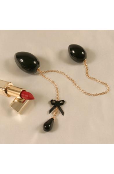Benten - Black Double Penetrating Eggs With Gold Chain and Bow