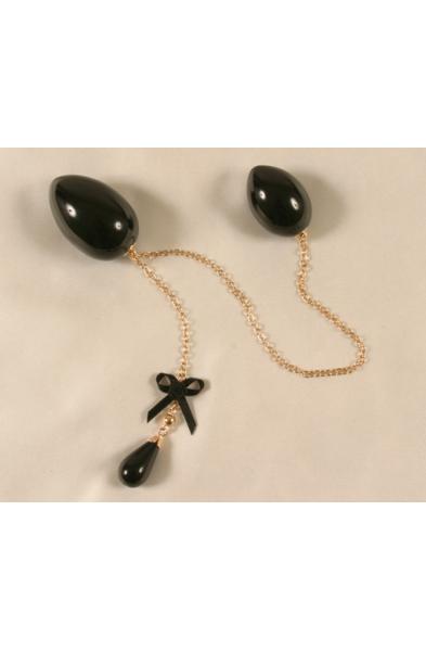 Benten - Black Double Penetrating Eggs With Gold Chain and Bow