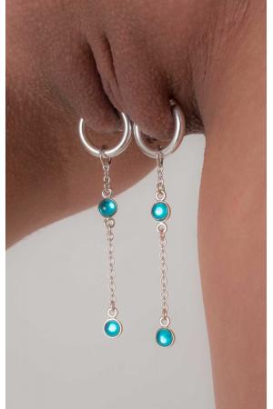 Da Baby - Silver Non-piercing labia rings with Blue Crystal Pendant
