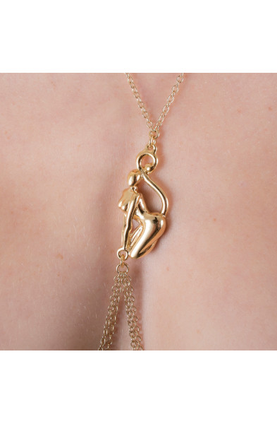 Kiss of the Catwoman - Gold Breast and Nipple Chain With Catwoman Figurine