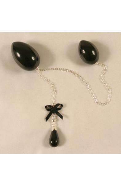 Otohime - Black Double Penetrating Eggs With Silver Chain and Bow
