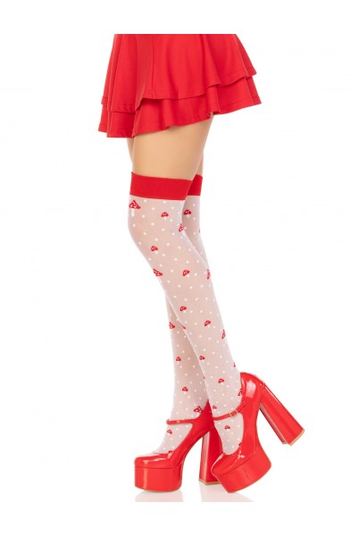 Polka Dot Mushroom Thigh High - One Size - White/red