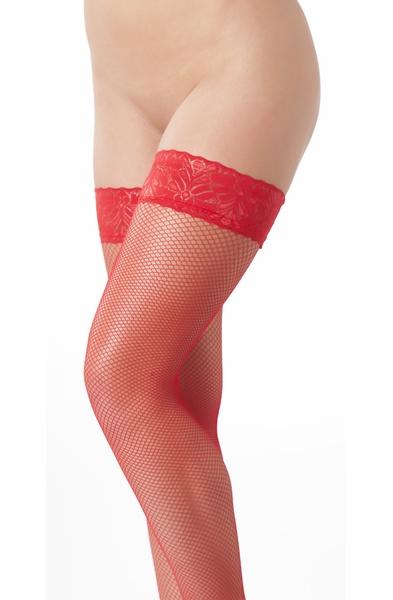 Red Fishnet Lace Thigh High Stockings