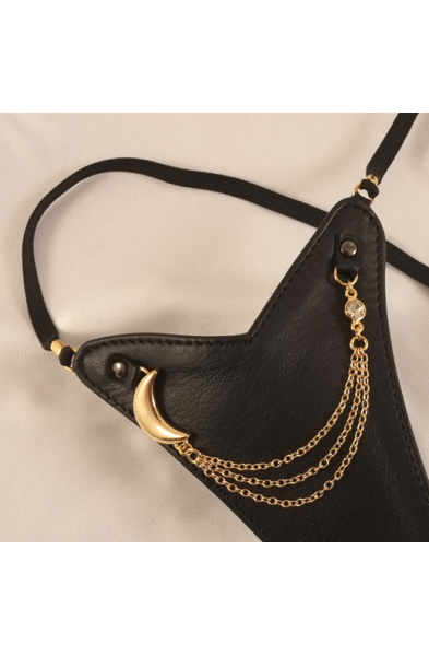 Women's Leather G-String & Finger Dildo With Gold Moon Charm