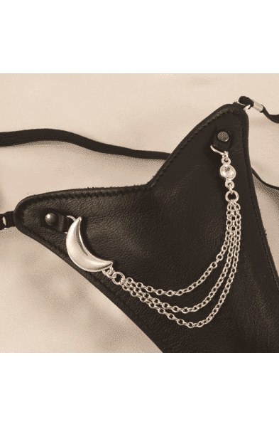 Women's Leather G-String & Finger Dildo With Silver Moon Charm