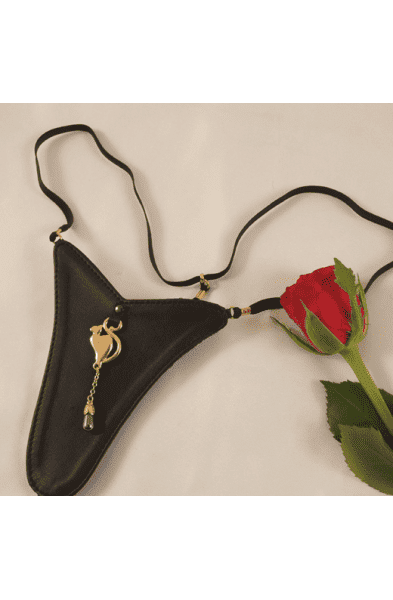 Gold and Lambskin Women's G-String Panty With Cat and Pearl Charms