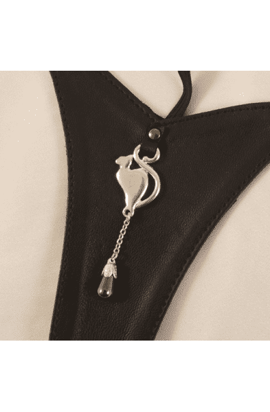 Silver and Lambskin Women's G-String Panty With Cat and Pearl Charms