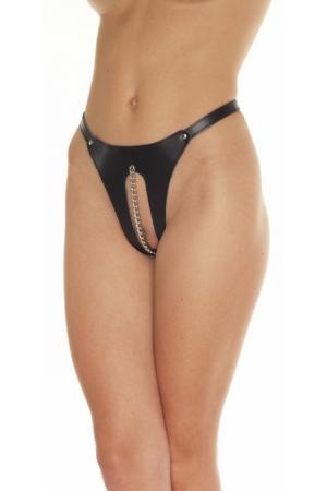 St. Bridget - Crotchless Leather G String With Vagina Chain