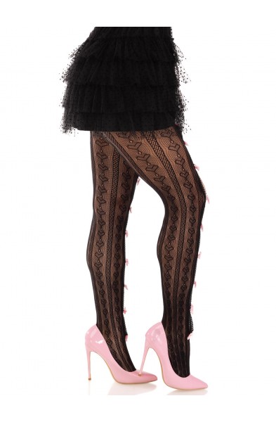 Sweetheart Striped Net Tights With Keyhole and  Mini Bow Detail - One Size - Black