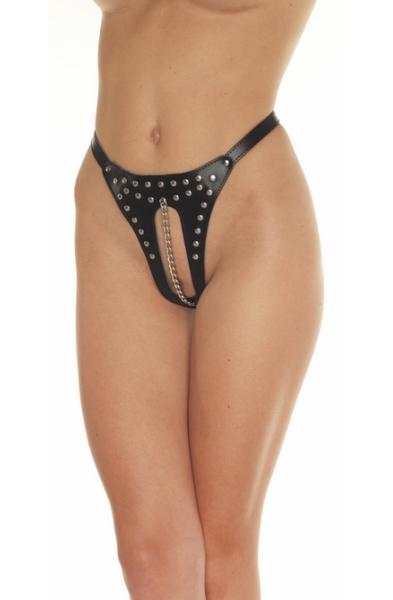 The Romance of Lust - Crotchless Leather G-String With Vaginal Chain