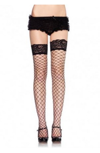 Lace Top Fence Net Thigh Highs - One Size - Black