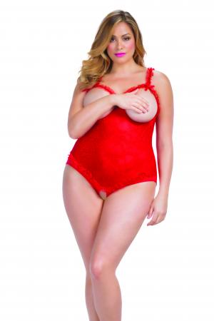 Open Cup Crotchless Teddy - Queen Size - Red
