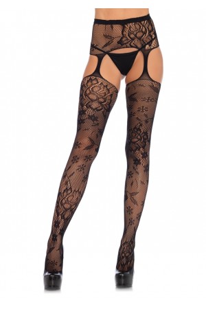 Floral Lace Stockings With Attached Waist Garterbelt - Black - One Size