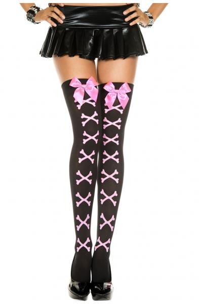 Cross Bone and Satin Bow Opaque Thigh Hi - One Size - Black / Pink