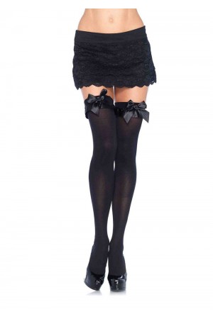 Opaque Thigh Highs With Satin Ruffle Trim and Bow - One Size - Black