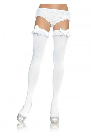 Opaque Thigh Highs With Satin Ruffle Trim and Bow - One Size - White