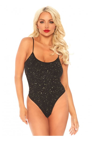 Shimmer Lurex Opaque Thong Back Bodysuit - Black/gold - One Size