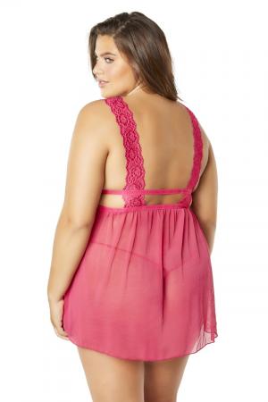 Mesh and Lace Frame Empire Babydoll With G-String - Bright Rose - 1x2x