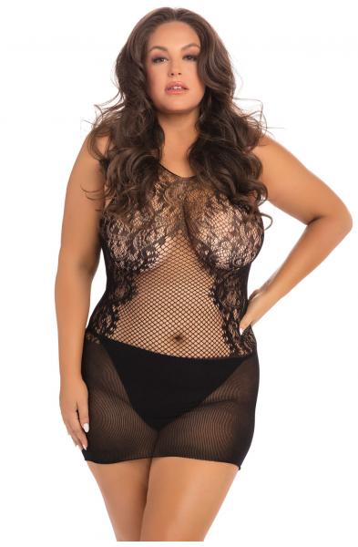 Lace Fantasy Mini Dress - Black - 1x-3x