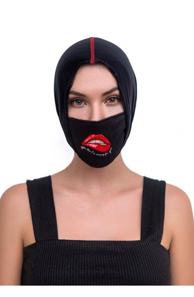 Face/ Neck Bandana Reversable- Black/ Red Lips Print - One Size