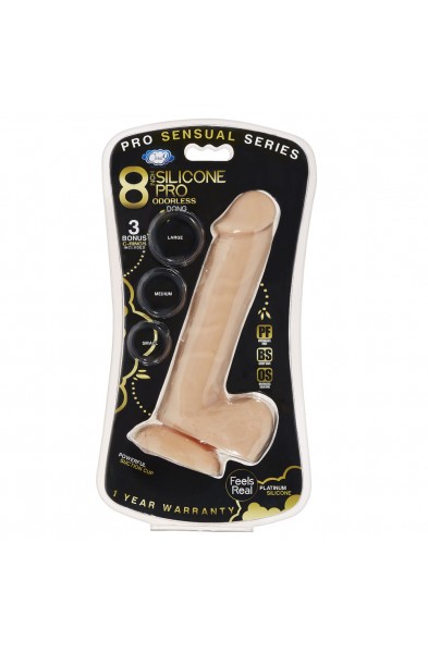 Pro Sensual Premium Silicone 8 Inch Dong With 3  Cockrings - Flesh
