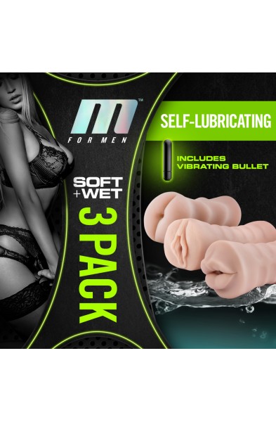 M for Men - 3-Pack Self-Lubricating Vibrating  Stroker Sleeve Kit - Vanilla