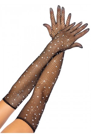 Rhinestone Fishnet Long Gloves - Black