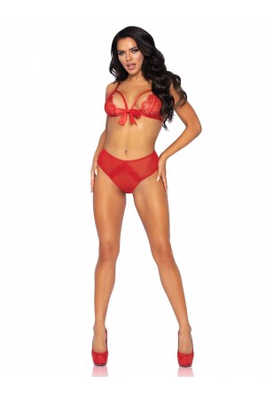 2 Pc. Lace Bralette and Ribbon Tie Crotchless  Panty - One Size - Red