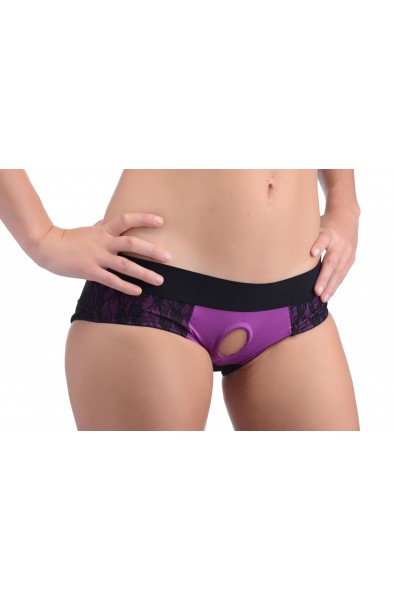 Lace Envy Crotchless Panty Harness - S/ M Black and Purple