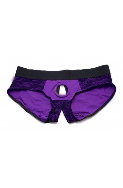 Lace Envy Crotchless Panty Harness - S/ M Black and Purple