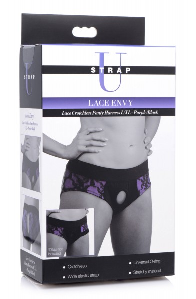 Lace Envy Crotchless Panty Harness - S/ M Black and Purple