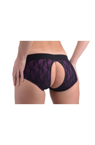 Lace Envy Crotchless Panty Harness - S/ M Black and Purple