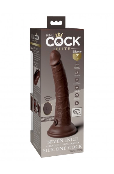 King Cock Elite 7 Inch Vibrating Silicone Dual  Silicone Dual Density Cock With Remote - Brown