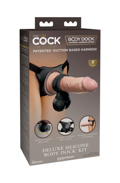 King Cock Elite Deluxe Silicone Body Dock  Kit  -  Harness and 8 Inch Dildo - Light