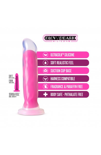 Neo Elite Glow in the Dark - Marquee - 8 Inch  Silicone Dual Density Dildo  - Neon Pink
