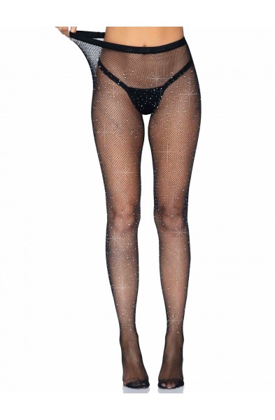 Rhinestone Fishnet Crotchless Tights - One Size -  Black