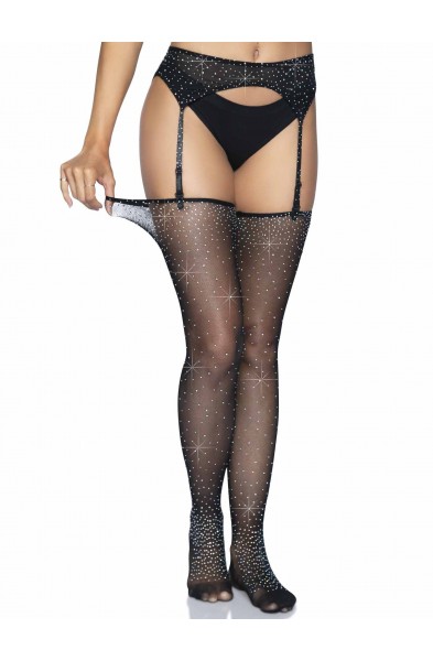 2 Pc. Rhinestone Net Garter Belt and Stockings -  One Size - Black