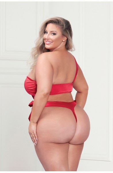 Two Piece Bra Set - Satin Bra With Assymetrical Shoulder Strap, Satin Ribbon Bows, and Thong - Queen Size - Red