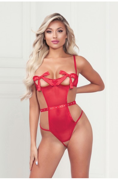 Mesh Teddy With Underwire, Satin Ribbon Bows, Rhinestone Belt, Hook and Eye Back Closure, and Open Thong - One Size - Red