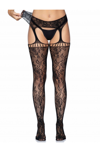 Gardenia Lace Garter Belt Stockings - One Size -  Black