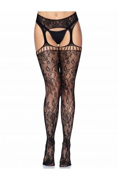 Gardenia Lace Garter Belt Stockings - One Size -  Black