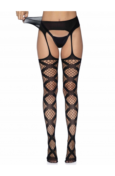 Faux Wrap Industrial Net Garter Belt Stockings -  One Size - Black