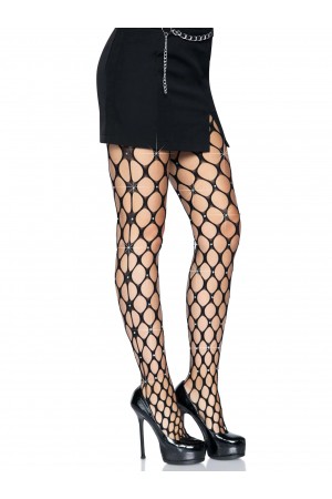 Rhinestone Pothole Net Tights - One Size - Black