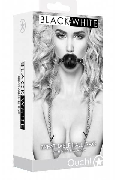 Breathable Ball Gag With Nipple Clamps - Black