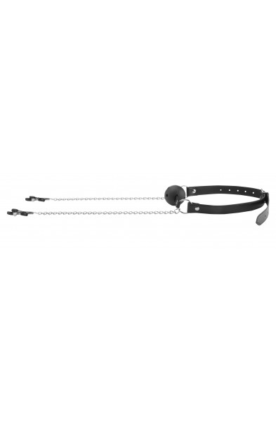 Breathable Ball Gag With Nipple Clamps - Black