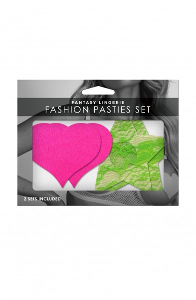 Fashion Pasties Set - Neon Pink Satin Heart and  Neon Green Lace Star