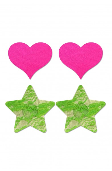 Fashion Pasties Set - Neon Pink Satin Heart and  Neon Green Lace Star